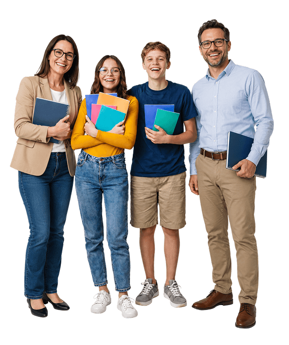 Alunos sorrindo com materiais escolares
